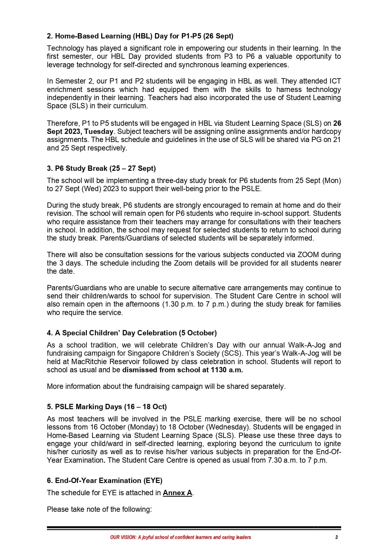 Page 3 of a school newsletter with sections on HBL Day, P6 Study Break, Children's Day, PSLE Marking Days, and EYE.